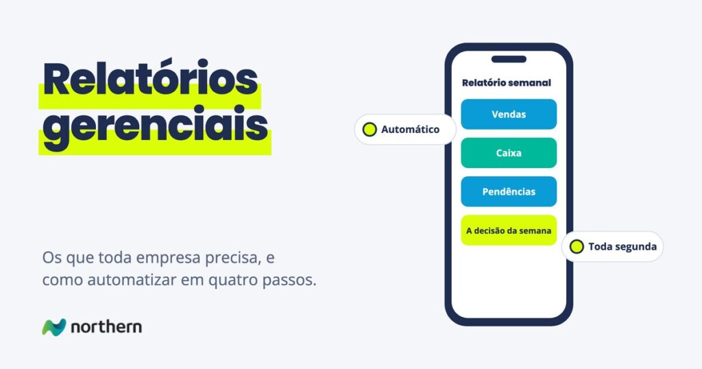 Relatórios gerenciais: tela de celular com Vendas, Caixa, Pendências e A decisão da semana