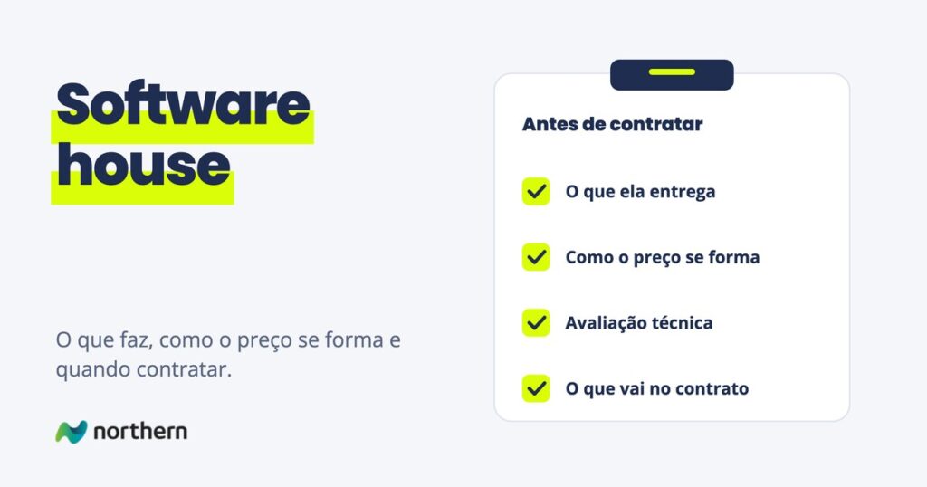 Software house: checklist Antes de contratar: O que ela entrega, Como o preço se forma, Avaliação técnica e O que vai no contrato